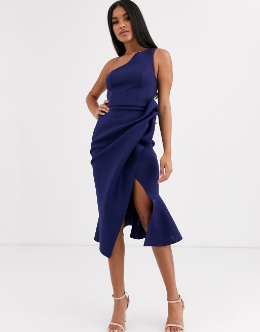 ASOS DESIGN - Vestito midi blu navy monospalla con pinces, 4 di 4