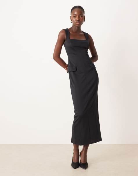 ASOS DESIGN - Vestito midi casual nero con cuciture a vista e scollo squadrato - view 1