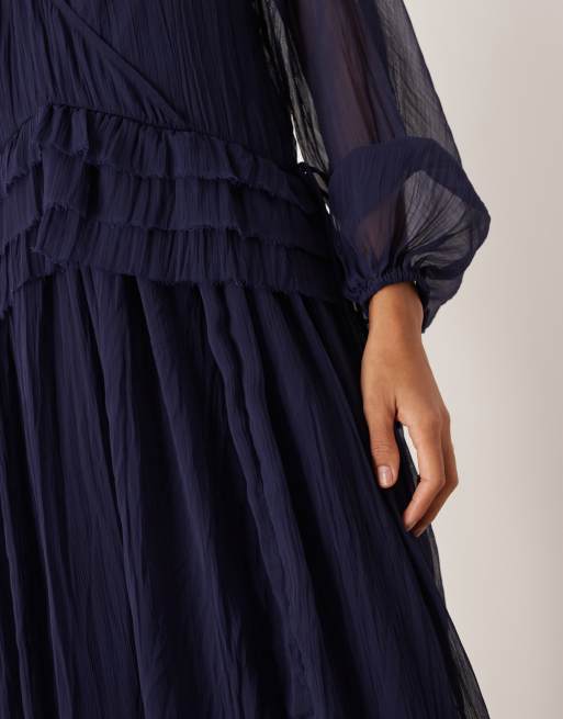 ASOS DESIGN - Vestito midi color blu navy intenso con scollo a V e volant, 3 di 4