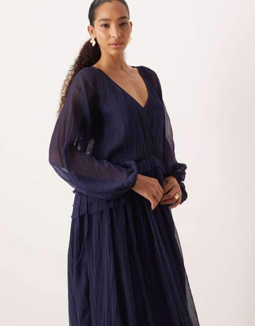 ASOS DESIGN - Vestito midi color blu navy intenso con scollo a V e volant, 4 di 4