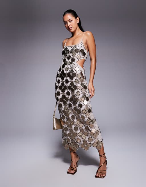 ASOS DESIGN - Vestito midi color canna di fucile con decorazioni a griglia e cut-out