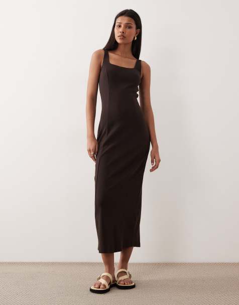 ASOS DESIGN - Vestito midi color castagna con scollo squadrato e cuciture a vista - view 1