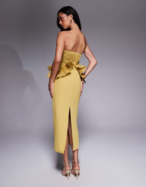 ASOS DESIGN - Vestito midi color chartreuse con spalline sottili e corpino strutturato con volant, 3 di 4