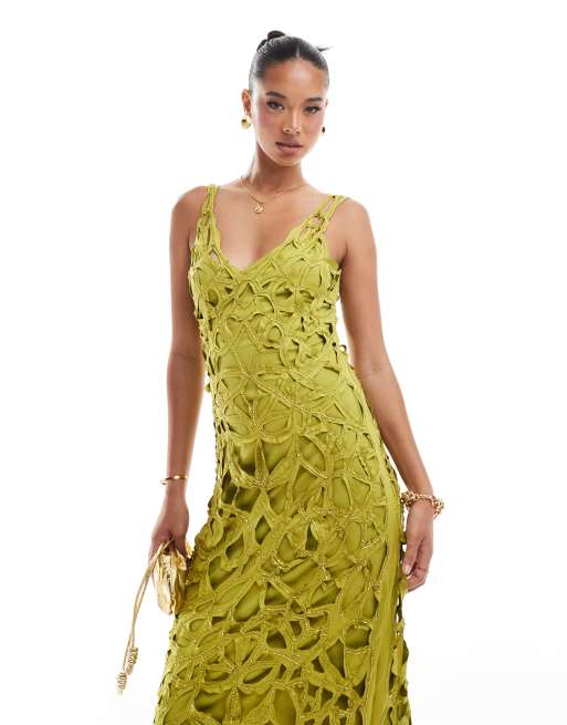 ASOS DESIGN - Vestito midi color chartreuse decorato con pizzo sangallo, 4 di 4