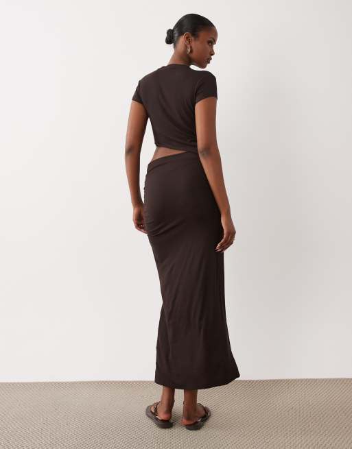 ASOS DESIGN - Vestito midi color cioccolato a coste chiaro con cut-out, 4 di 4