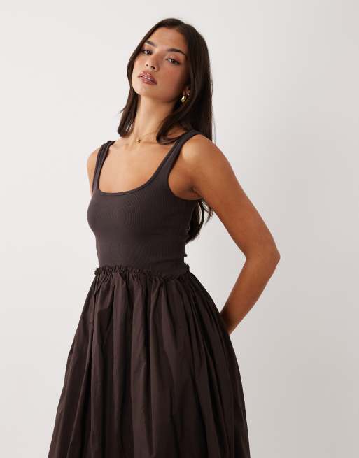 ASOS DESIGN - Vestito midi color cioccolato a coste con corpino e gonna in popeline, 2 di 4