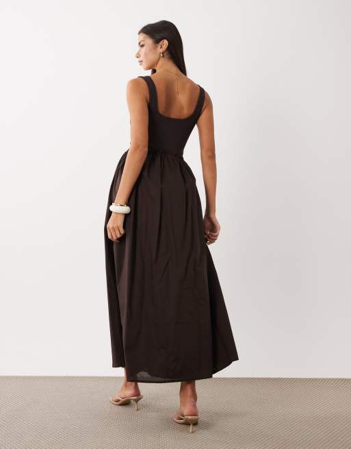 ASOS DESIGN - Vestito midi color cioccolato a coste con corpino e gonna in popeline, 4 di 4
