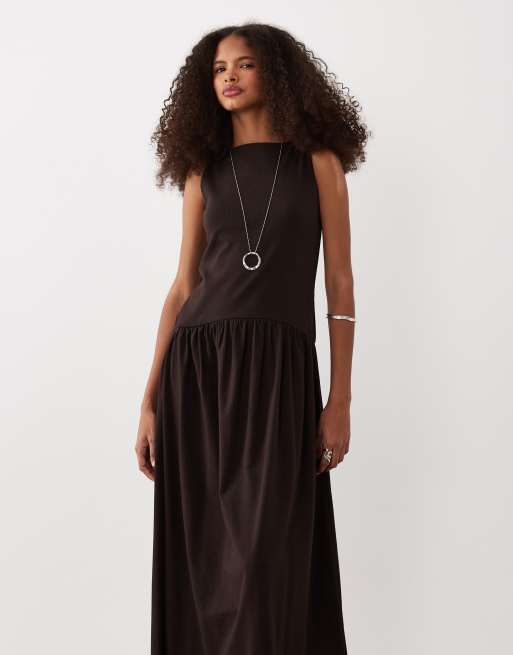 ASOS DESIGN - Vestito midi color cioccolato a coste miste con vita scesa, 2 di 4