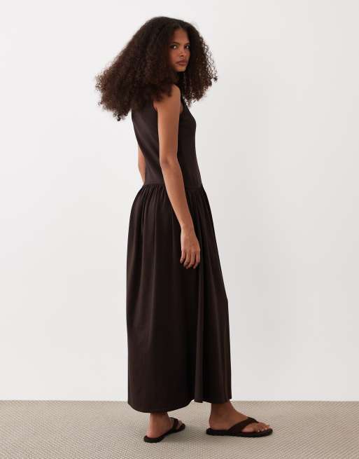 ASOS DESIGN - Vestito midi color cioccolato a coste miste con vita scesa, 4 di 4