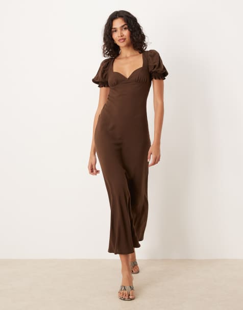 ASOS DESIGN - Vestito midi color cioccolato con bottoni e maniche a sbuffo - view 1