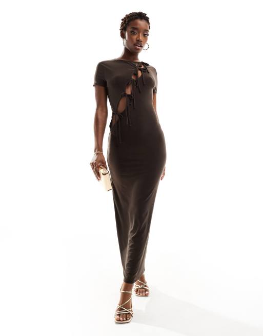 ASOS DESIGN - Vestito midi color cioccolato con cut-out asimmetrici e laccetti, 2 di 4