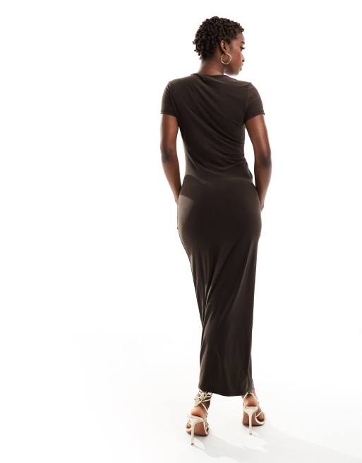 ASOS DESIGN - Vestito midi color cioccolato con cut-out asimmetrici e laccetti, 4 di 4