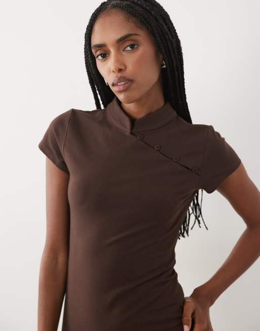 ASOS DESIGN - Vestito midi color cioccolato con maniche ad aletta e passanti, 3 di 4