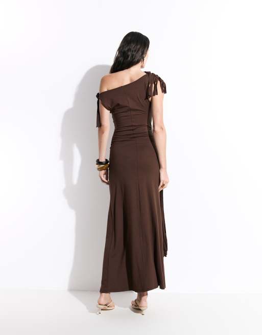 ASOS DESIGN - Vestito midi color cioccolato con sciarpa, 4 di 8