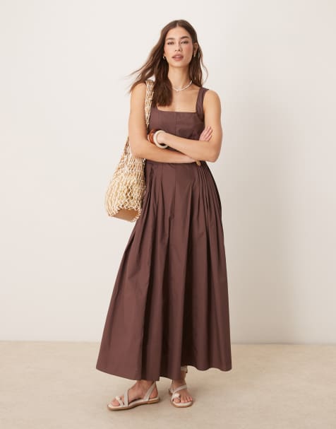 ASOS DESIGN - Vestito midi color cioccolato con vita a pieghe e scollo rotondo - view 1