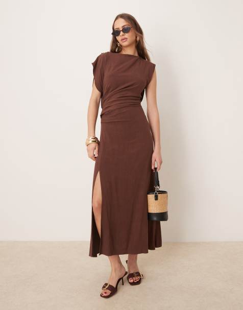 ASOS DESIGN - Vestito midi color cioccolato in lino drappeggiato in vita aperto sul retro - view 1
