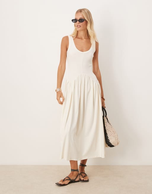 ASOS DESIGN - Vestito midi color crema con corpino a coste, scollo rotondo e vita scesa a V