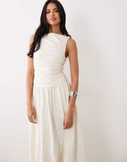 ASOS DESIGN - Vestito midi color crema con corpino arricciato