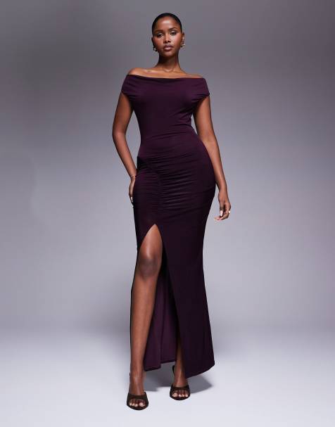 ASOS DESIGN - Vestito midi color mora con gonna arricciata e scollo ad anello - view 1