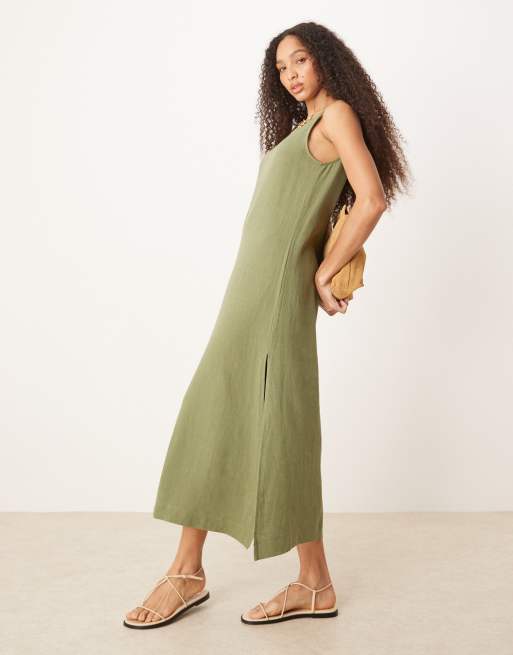 ASOS DESIGN - Vestito midi color oliva in lino con scollo rotondo