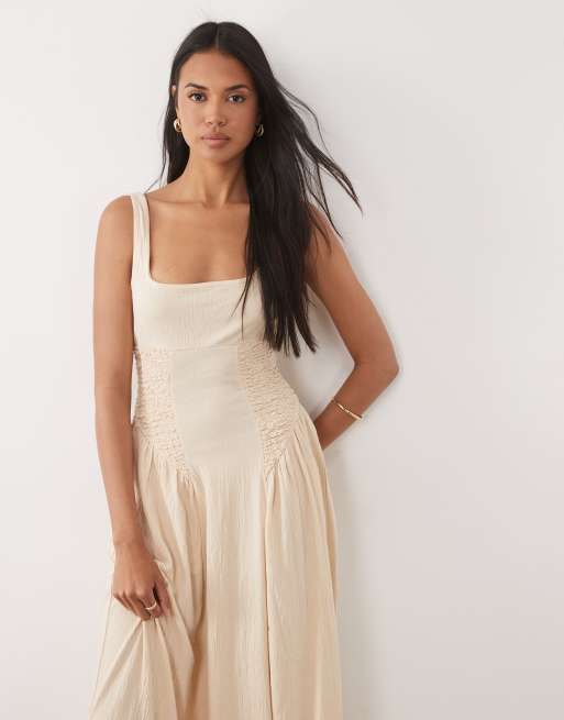 ASOS DESIGN - Vestito midi color pietra stropicciato con scollo squadrato e pannelli, 2 di 4