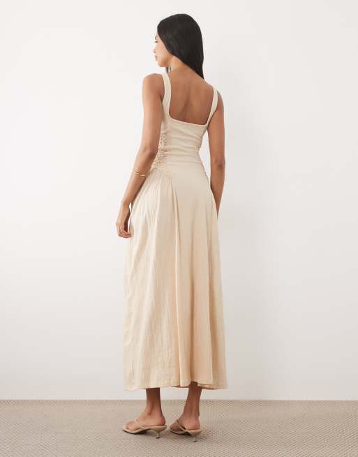 ASOS DESIGN - Vestito midi color pietra stropicciato con scollo squadrato e pannelli, 4 di 4