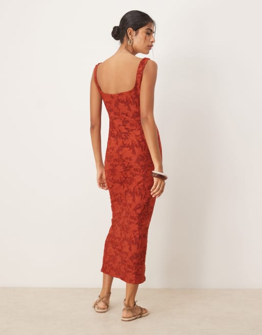 ASOS DESIGN - Vestito midi color ruggine con bustino a corsetto arricciato e motivo dévoré, 3 di 4