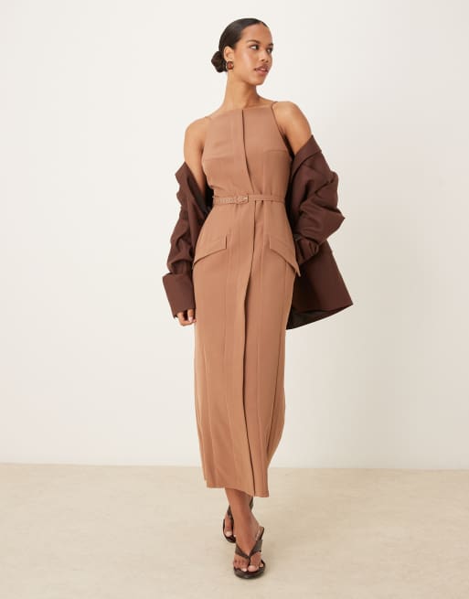 ASOS DESIGN - Vestito midi color tortora con scollo a barchetta, cintura e tasche