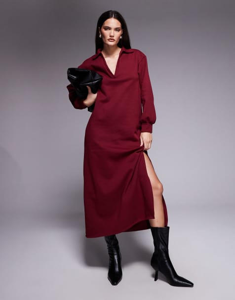 ASOS DESIGN - Vestito midi color vino con maniche a palloncino, scollo a V e colletto - view 1
