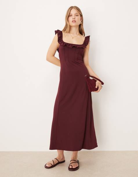 ASOS DESIGN - Vestito midi color vino con volant sul davanti e sulle spalline - view 1