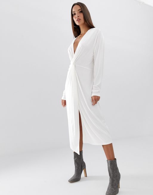 ASOS DESIGN - Vestito midi comodo a maniche lunghe con nodo sul davanti