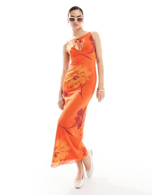 ASOS DESIGN - Vestito midi con apertura a goccia sullo scollo a barchetta arancione con stampa a fiori sfumata