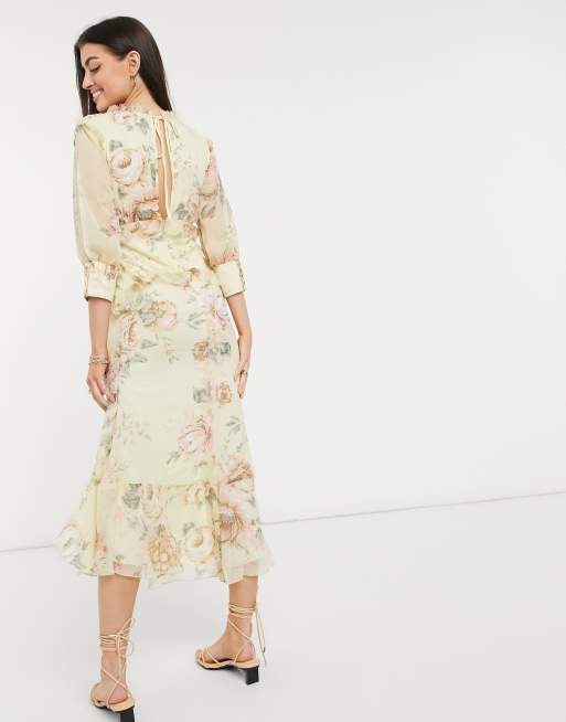 ASOS DESIGN - Vestito midi con bottoni e bordi grezzi a fiori, 2 di 4