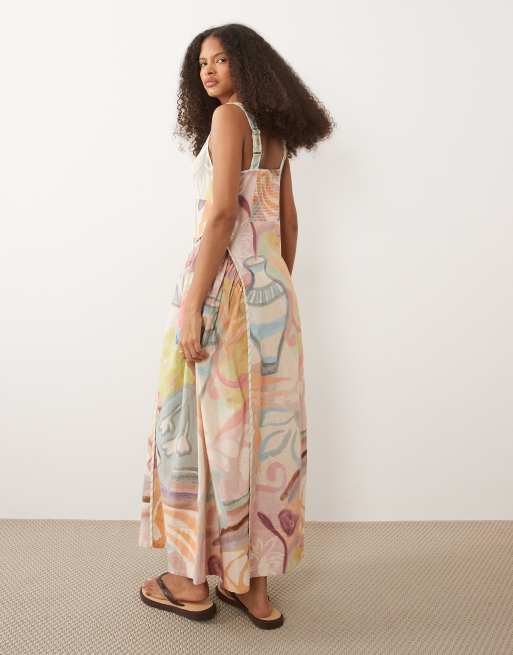 ASOS DESIGN - Vestito midi con bustino modellato con scollo squadrato con stampa e profili a contrasto, 4 di 4