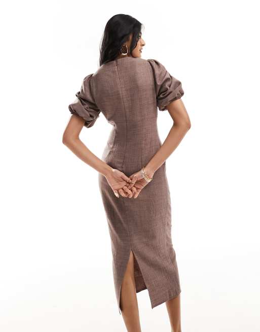 ASOS DESIGN - Vestito midi con corpetto arricciato e maniche voluminose color cioccolato, 3 di 4