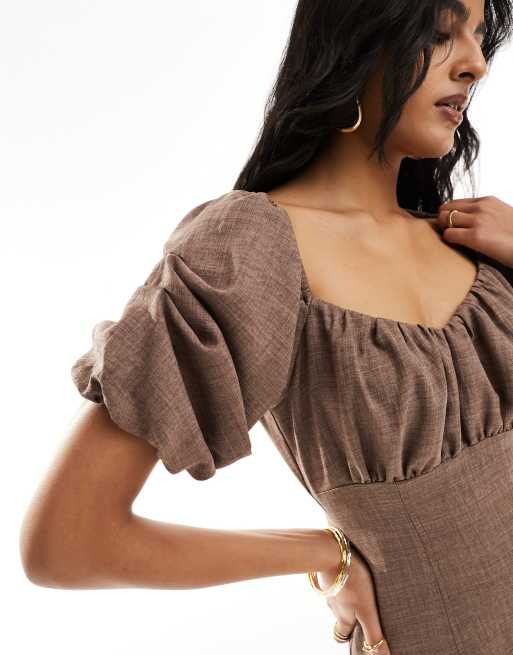 ASOS DESIGN - Vestito midi con corpetto arricciato e maniche voluminose color cioccolato, 4 di 4