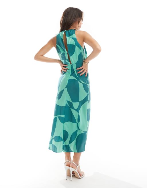 ASOS DESIGN - Vestito midi con corpetto drappeggiato e stampa astratta verde, 4 di 4