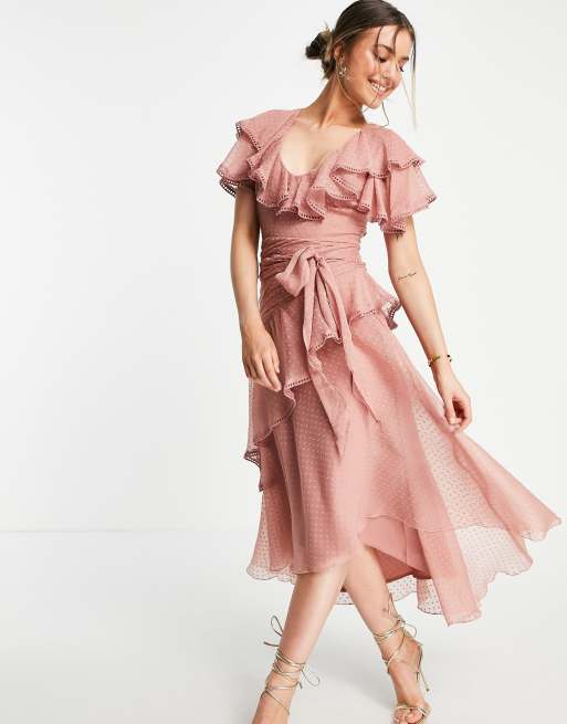 ASOS DESIGN - Vestito midi con dettaglio drappeggiato in chiffon plumetis con laccio