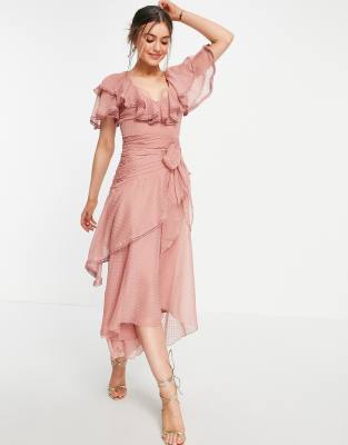 Vestito midi con dettaglio drappeggiato in chiffon plumetis con laccio-Rosa - ASOS DESIGN  donna Rosa - immagine1
