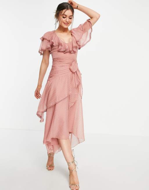 ASOS DESIGN - Vestito midi con dettaglio drappeggiato in chiffon plumetis con laccio, 4 di 4