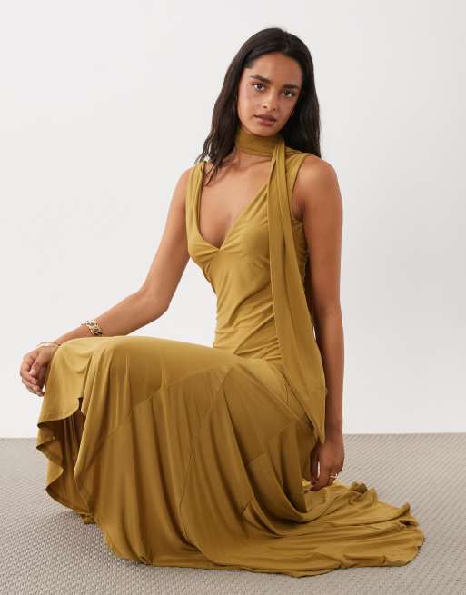 ASOS DESIGN vestito midi con dettaglio foulard in marrone, 1 di 4