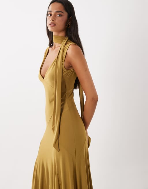 ASOS DESIGN vestito midi con dettaglio foulard in marrone, 3 di 4