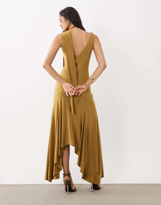 ASOS DESIGN vestito midi con dettaglio foulard in marrone, 4 di 4