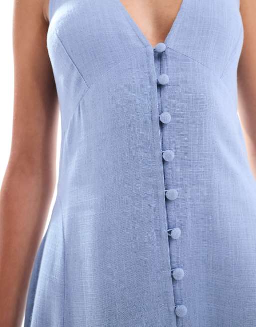 ASOS DESIGN - Vestito midi con gonna a ruota e bottoni in lino blu ghiaccio, 4 di 4