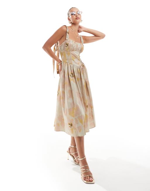 ASOS DESIGN - Vestito midi con gonna a ruota e corsetto allacciato a fiori, 2 di 4