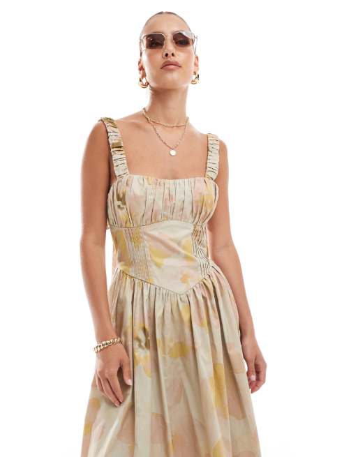 ASOS DESIGN - Vestito midi con gonna a ruota e corsetto allacciato a fiori, 4 di 4