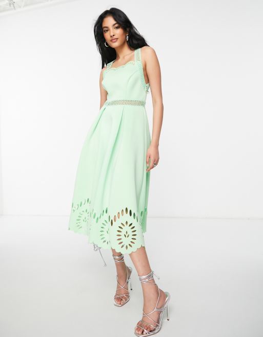 ASOS DESIGN - Vestito midi con intagli e fondo smerlato verde cenere