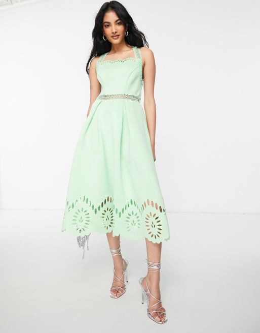 ASOS DESIGN - Vestito midi con intagli e fondo smerlato verde cenere, 3 di 4