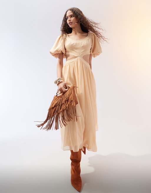 ASOS DESIGN - Vestito midi con maniche a campana e cut-out in misto twill e georgette beige