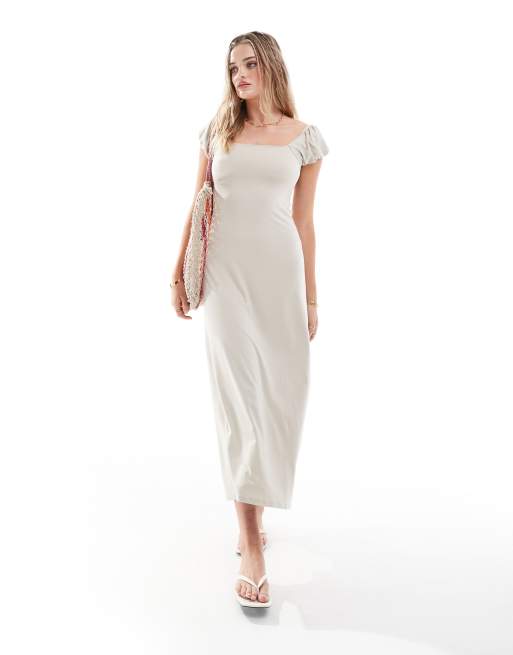 ASOS DESIGN - Vestito midi con maniche a palloncino e scollo squadrato color pietra